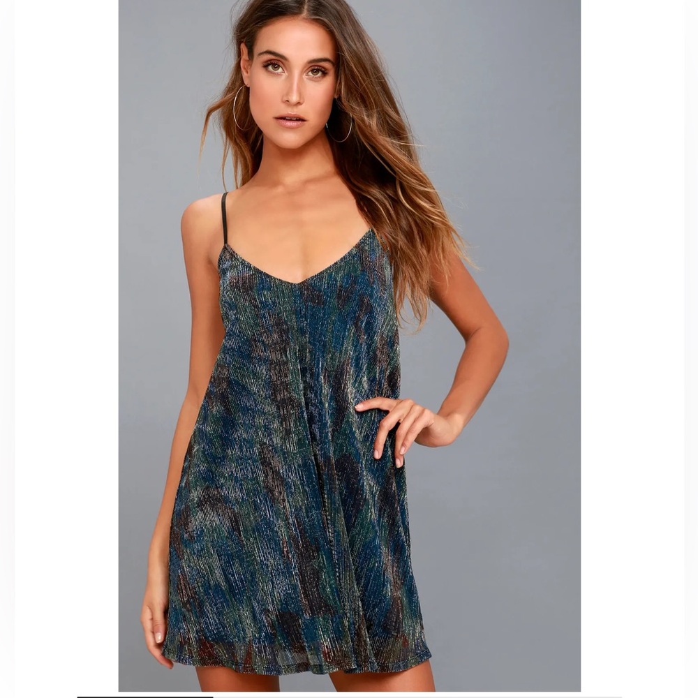 Lulus Patina Blue Print Swing Dress Teal and Black Size Small